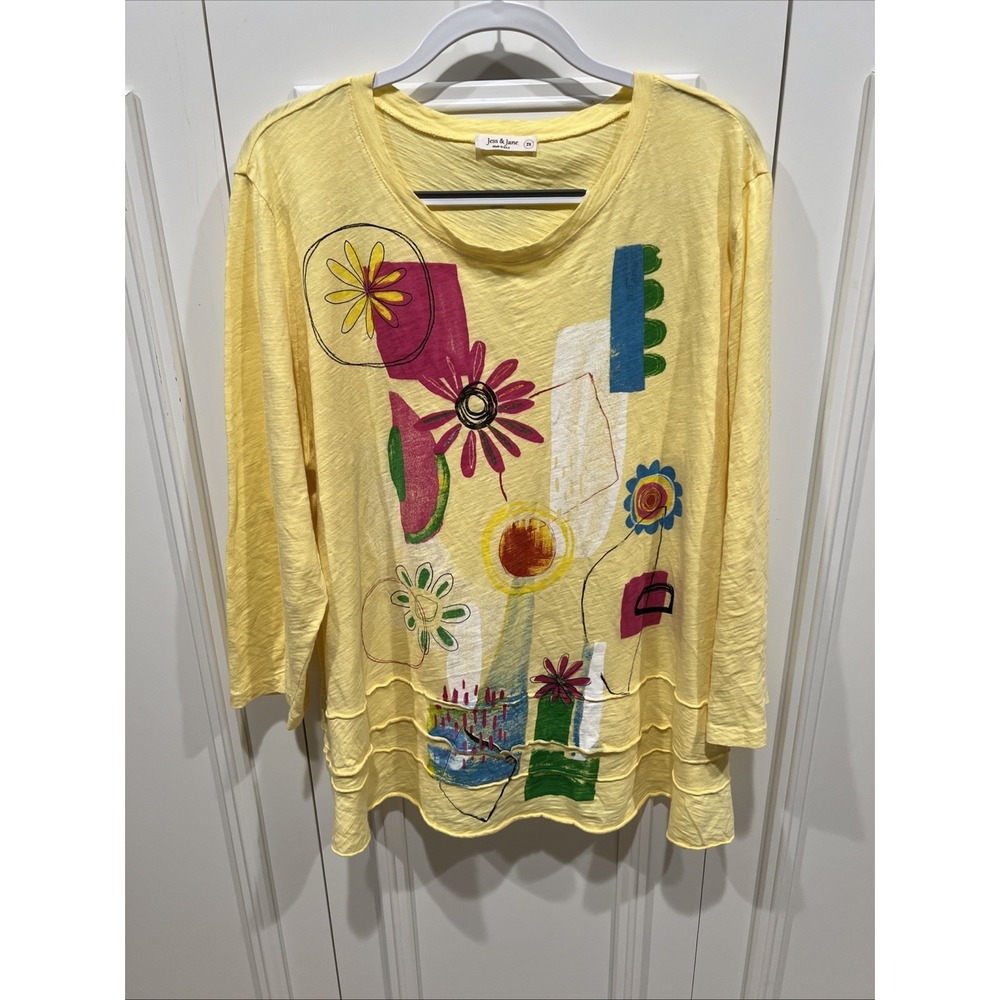 Jess & Jane Layered Tunic Top Yellow Flower Artsy Cotton USA